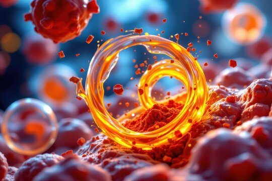 artistic render of anticancer action of turmeric and ginger combo, swirling golden and red energy in cells.
