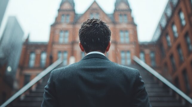 A stylish businessman stands before a grand architectural building, conveying determination and ambition in a professional urban environment amidst the rain.