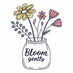 Bloom gently flowers in glass jar illustration
