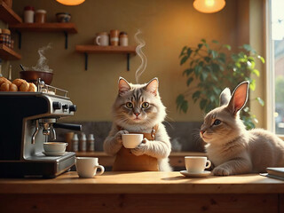 Hyper-realistic cat barista making coffee in a cozy café, while animal couples wait lovingly at tables.

