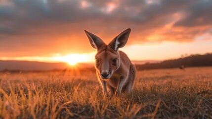A young kangaroo curiously grazes in a field, with the sun setting behind it, capturing the essence of wildlife and the beauty of nature during golden hour.