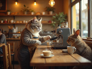 Hyper-realistic cat barista making coffee in a cozy café, while animal couples wait lovingly at tables.


