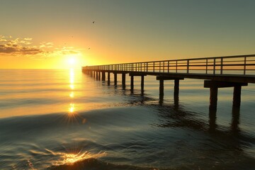 Obraz premium Tranquil sunset over a wooden pier stretching into the calm sea coastal location scenic photography serene environment wide-angle view nature's beauty