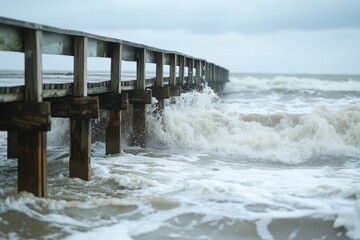 Obraz premium High tide waves crash against a wooden pier coastal beach photography stormy environment low angle view nature's power unleashed