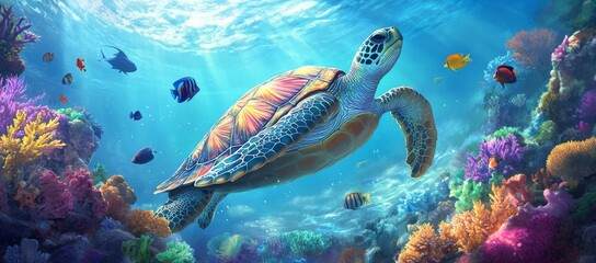 Obraz premium A colorful sea turtle swimming gracefully in the clear blue ocean, surrounded by vibrant coral reefs and tropical fish. Photo-realistic, 