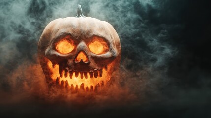 A carved pumpkin with a skull design glows ominously in the dark, creating an eerie atmosphere that embodies the spirit of Halloween.