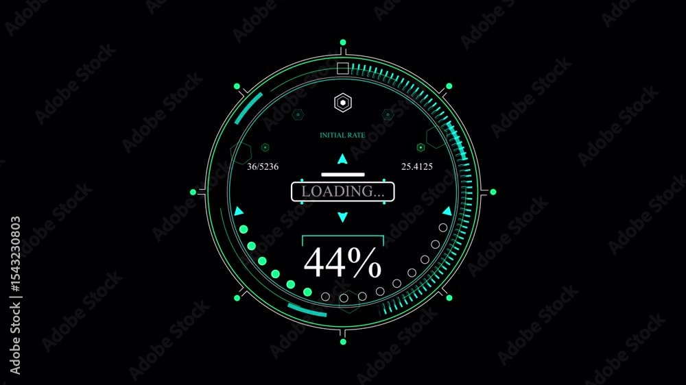 Poster futuristic loading animation circular hud with 100 completion on black background.alpha chanel.4k vi