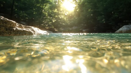 Naklejka premium A tranquil scene of clear water shimmering under sunlight, surrounded by lush greenery, depicting serenity and nature's beauty in a peaceful environment.