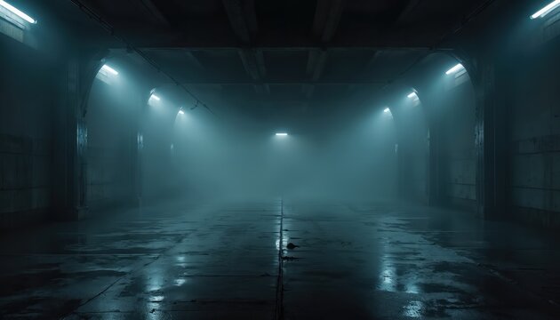 Empty dark garage with smoke fog. Blue neon lights illuminate wet floor. Industrial interior, abandoned building creates mysterious spooky atmosphere. Creepy corridor, warehouse. Suitable for horror,