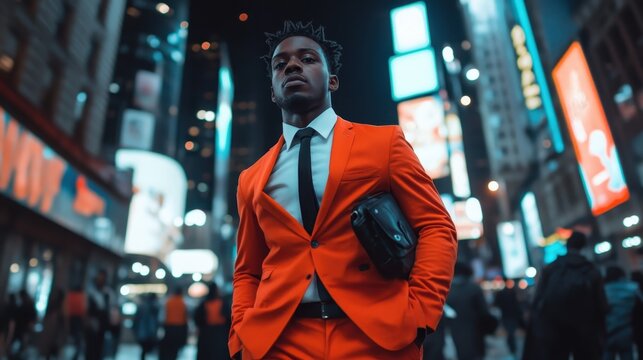 A fashionable man stands confidently in Times Square, adorned in an eye-catching orange suit. Vibrant city lights create a dynamic backdrop for this striking urban scene.