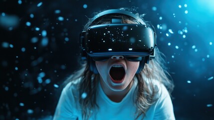 A child wearing VR goggles passionately immerses in a digital world, expressing excitement and wonder as snow falls in the virtual environment, showcasing pure joy.