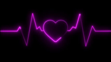 Animated neon heartbeat with glowing lines in vibrant purple color on black background - Powered by Adobe