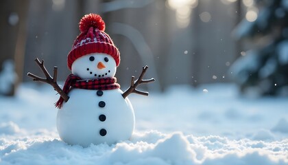 Obraz premium Happy Snowman with Red Knit Hat and Plaid Scarf in Winter Forest