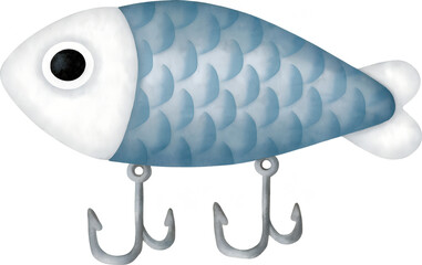 Watercolor fish lure with treble hooks on transparent background. © beyouenked