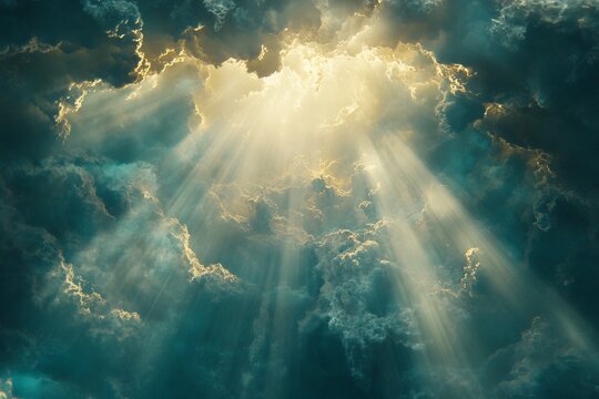 A heavenly light shining down from the clouds, god rays, the presence of the divine in heaven, cinematic, a movie scene