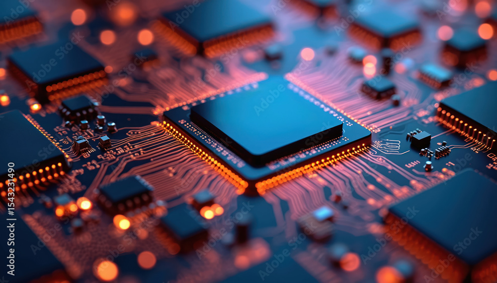 Poster close-up microchip with intricate circuitry, glowing connections, components. digital circuits, proc