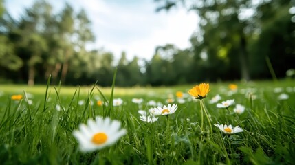 A picturesque field filled with daisies, featuring a vibrant mix of yellow and white flowers, lush green grass, and a serene backdrop of nature that evokes tranquility and beauty.