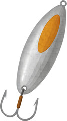 Silver fishing lure with orange accent on transparent background.