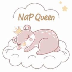 Adorable bear cub nap queen sleeping on cloud