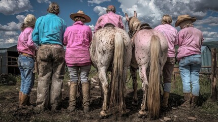 A group of people in cowboy hats and pink shirts standing in a field with horses.