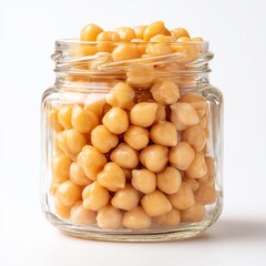 Chickpeas preserved in a glass jar. The image showcases the raw ingredient inside the jar