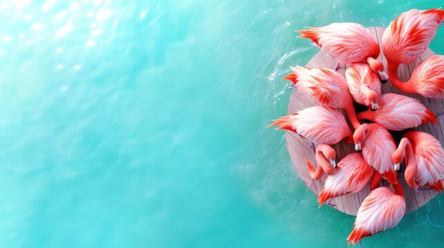 A stunning overhead view of a group of elegant flamingos gathered on a wooden platform, their bright colors and graceful forms reflecting beautifully against the serene blue waters behind.