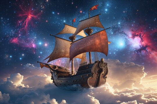 Legendary Galleon Navigating an Astral Sea of Twinkling Stars and Colorful Nebulae