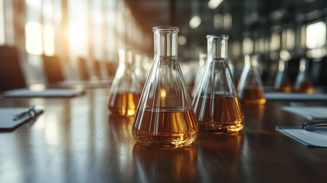 A collection of glass bottles filled with intriguing liquids reflects the innovative spirit of science, suggesting exploration, discovery, and the essence of modern research.
