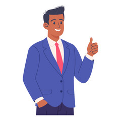 Smiling businessman showing thumb up flat vector of confident man in blue suit