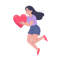 Flat vector illustration of a young woman joyfully holding a heart while jumping, love concept, isolated on white background