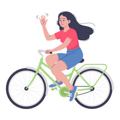 Young woman riding a bicycle and waving. Flat vector illustration of outdoor activity, summer lifestyle and transportation on white background