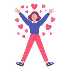 Happy young woman surrounded by hearts. Flat vector illustration of love, joy and positive emotions on white background, concept, girl in love, giving love