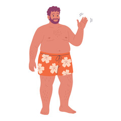 Hand drawn flat vector happy man in swim trunks waving Isolated on white background Summer beach character