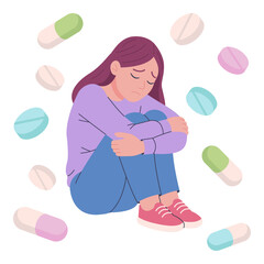 Sad girl sitting surrounded by pills. Flat vector illustration of depression, mental health crisis, or antidepressant medication concept. Isolated design on white background