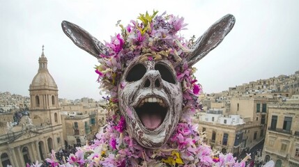 A large sculpture of a face with a mouth open and ears sticking out, covered in flowers.