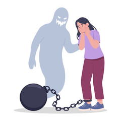 Hand drawn flat vector depressed woman chained to anxiety monster Isolated on white background Mental health concept