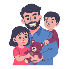 Happy father with children and teddy bear. Flat vector  smiling dad hugging son and daughter. Cute family portrait on white background