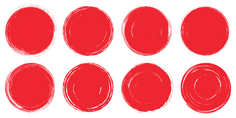 Set of hand drawn red circles. Grunge brush stroke textures, watercolor ink stamps and rough round badges. Vector illustration