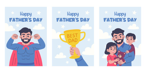 Happy Father's Day vector illustration set. Smiling dad with kids, superhero costume and best dad trophy. Cute design for greeting cards and posters