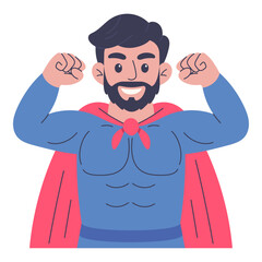 Flat vector illustration of smiling strong superhero man flexing muscles. Character in red cape isolated on white background