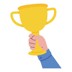 Flat vector illustration of a hand holding a golden trophy. Success and achievement concept, isolated on white background
