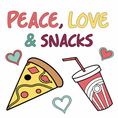 Peace love snacks pizza soda hearts fun