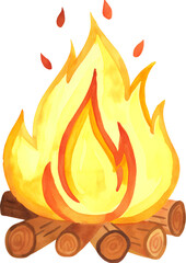Watercolor campfire illustration on transparent background.