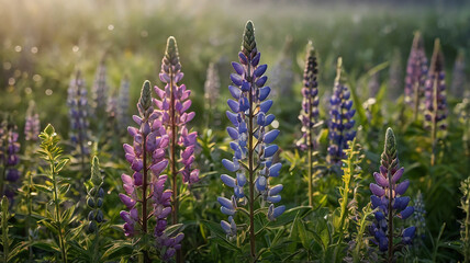 Majestic Lupine Flowers at Sunrise A Field of Vibrant Colors