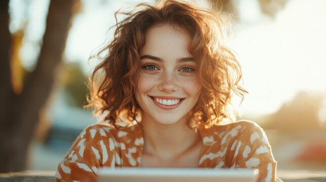 A bright and cheerful portrait of a young woman smiling in the sunlight, exuding positivity and warmth, suitable for themes of joy, happiness, and carefree moments in life.