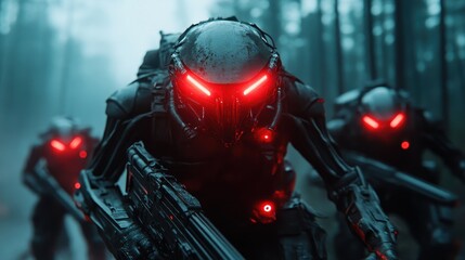 A group of ominous, advanced robotic soldiers strides through a misty forest landscape, embodying themes of dystopia, technology, and combat readiness.
