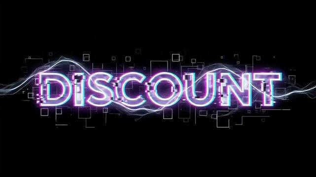 Animated Discount Text with Glitch Effects and Neon Glow on Black Background