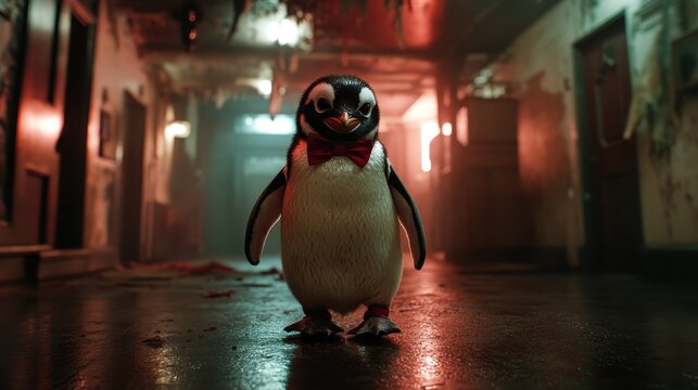 An adorable penguin wearing a classic bowtie stands confidently in a dimly lit, slightly eerie hallway, blending humor and charm, perfect for engaging viewers with its delightful personality.