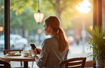 Young business woman uses smartphone at cafe table. Attractive female works in coffee shop, checks mobile phone on break, uses app. Communication concept. Modern digital tech, online business on