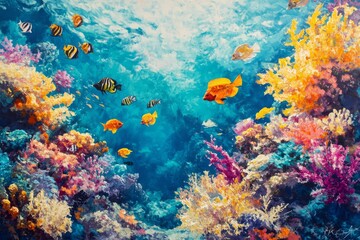 A vibrant coral reef teeming with colorful fish, showcasing the diversity of marine life in an underwater world. 